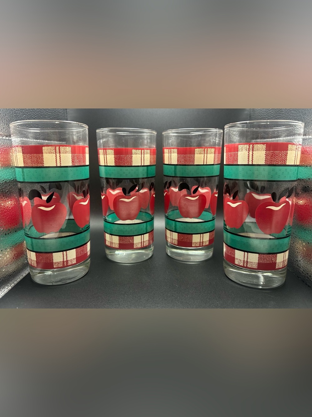 Anchor Hocking Applejack Iced Tea Glass Tumblers with Red Apple Gingham Set of 4